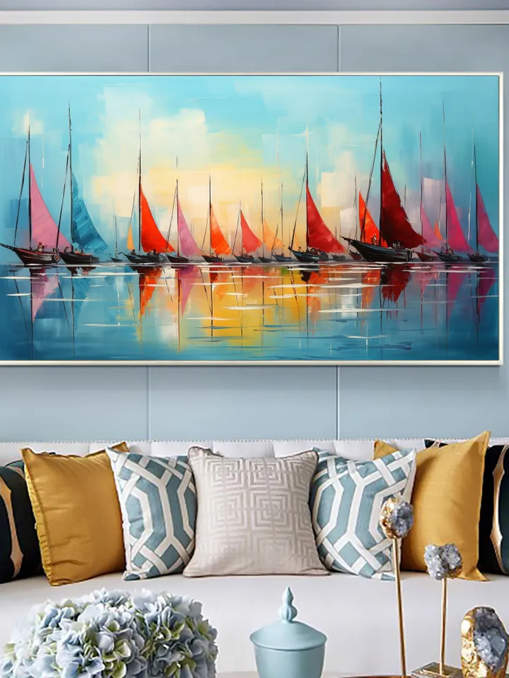 Original Sailboats Painting on Canvas, Large Wall Art, Abstract Colorful Painting, Ocean Art, Living room Wall Decor, Custom Painting