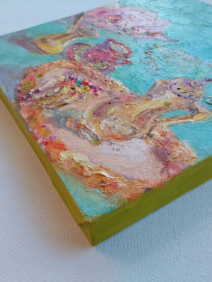 Oil painting on canvas 20x20cm (8x8inch) "Coffee. Afternoon dessert"