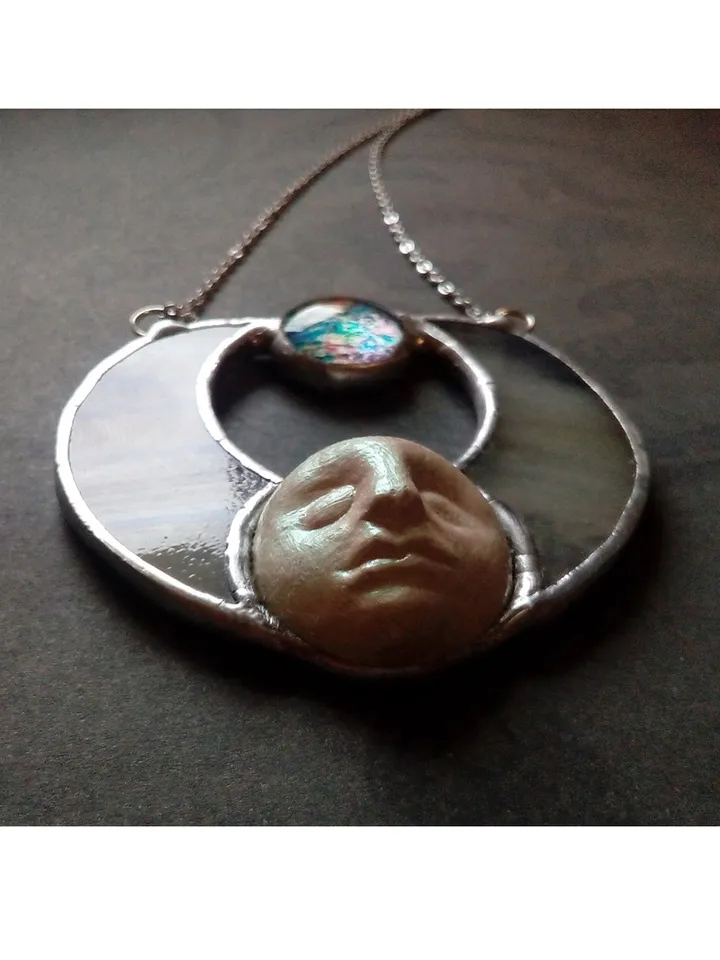 Stained glass moon, Moon Goddess, Moon phase necklace, Stainglass crescent, Full moon pendant, Moon face necklace