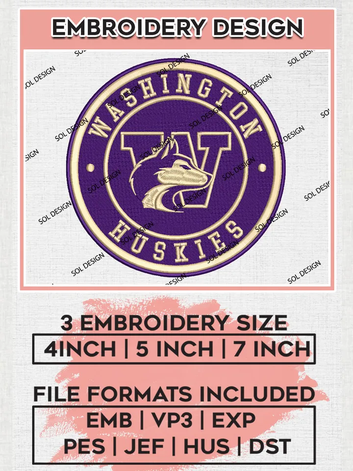 NCAA Washington Huskies Round Logo Embroidery, NCAA Washington Huskies Embroidery Design files, NCAA Teams, NCAA Machine embroidery designs, Digital Download