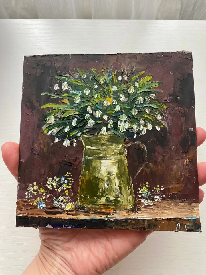 Snowdrops White flowers on a dark background, oil painting on cardboard - a unique gift for her