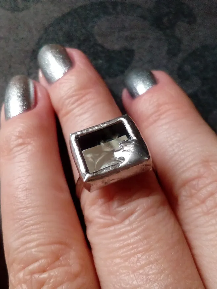 Mirror ring, squar ring, simple stained glass, tin soldered glass ring, old amalgam, scrying mirror ring, glass ring