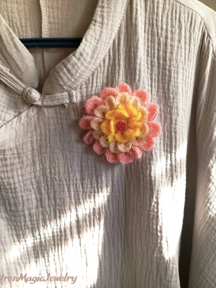 Pastel Mohair Flower Brooch in Pink, Beige and Yellow