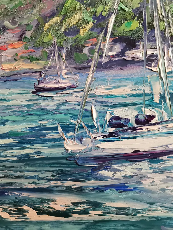 Yachts Sailboats Sea Mountains Original Art Oil Painting Resort Rocks Artist Svinar Oksana