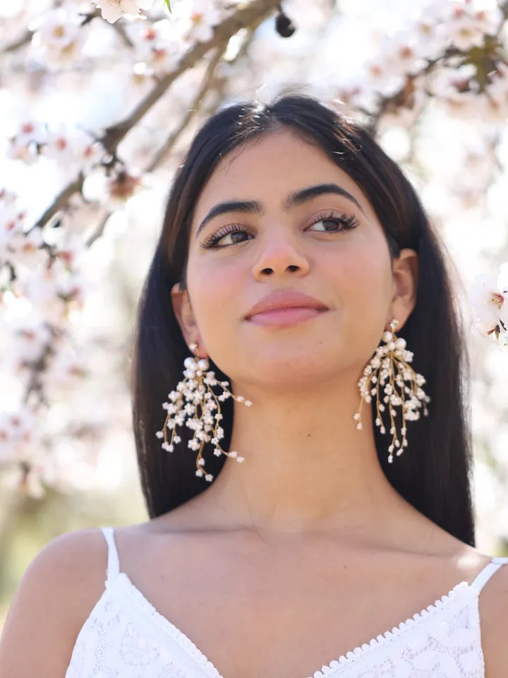 Long Boho Wedding Earrings, Pearl Bridal Earrings, Rose Gold Chandelier Wedding Earrings, Statement Bridal Jewelry, Statement Earrings