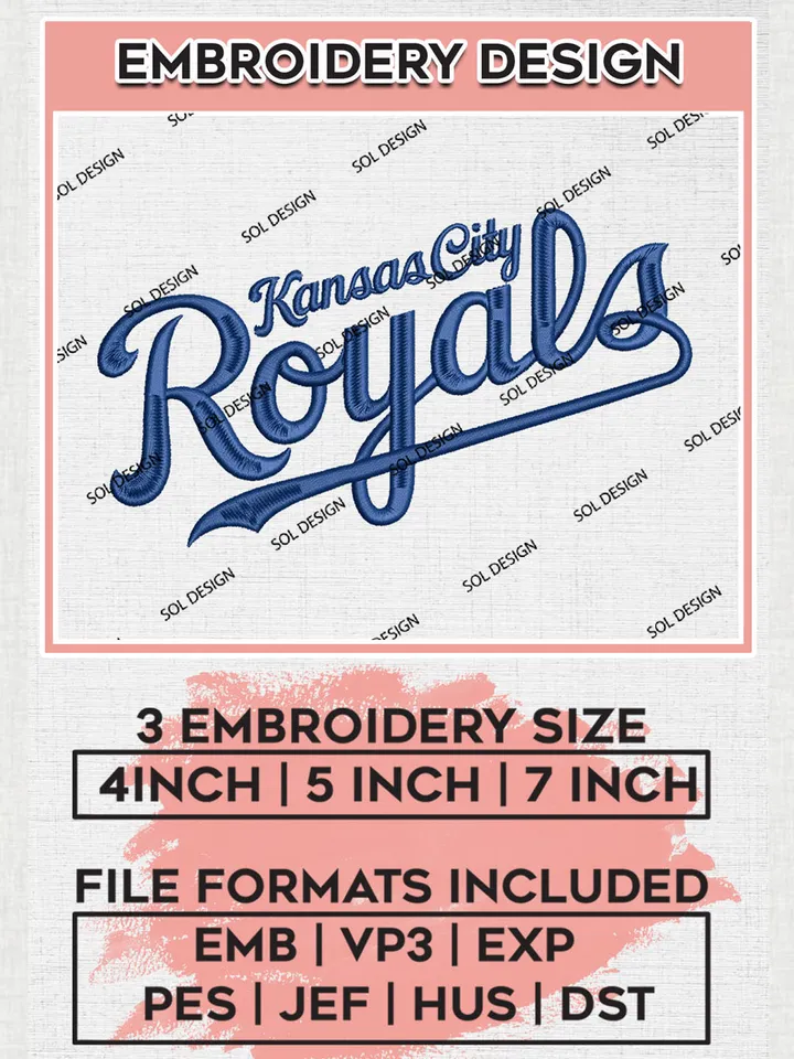 MLB Kansas City Royals Logo Embroidery Design Files, MLB Kansas City Royals Team Embroidery, MLB Teams, 3 sizes, MLB Machine embroidery designs, Digital Download