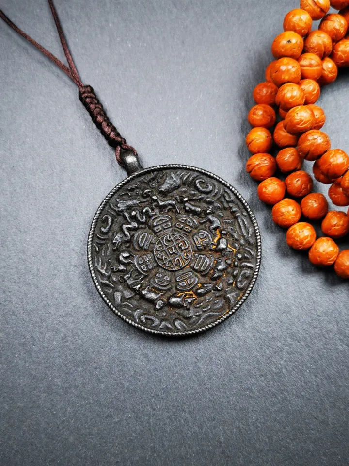 Gandhanra Vintage Tibetan Buddhist Amulet,Calendar Badge,Melong Mirror, SIPAHO Pendant(srid pa ho),Made of Thokcha,40 Years Old