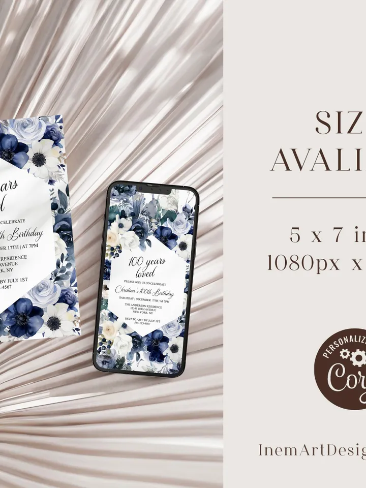 100th Birthday Invitations, Printable 100th Birthday Party Invitation, Navy Blush Floral 100th Birthday Invite - i133