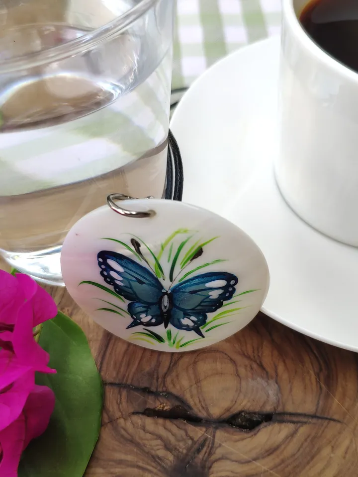 Pearl pendant necklace: Elegant Blue Butterfly hand painted on shell pendant • Unique dainty handcrafted jewellery • Stylish aesthetic gift