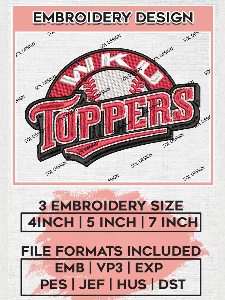 NCAA WKU Toppers Team Logo Embroidery Design Files, NCAA Western Kentucky Hilltoppers Machine Embroidery, NCAA Teams, Game Day, 3 sizes, NCAA Machine embroidery designs, Digital Download