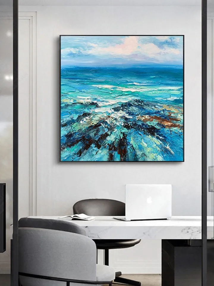 Blue Mediterranean Sea Landscape Oil Painting on Canvas, Abstract Crystal-clear Ocean Acrylic Painting, Large Heavy Textured Wall Art Decor