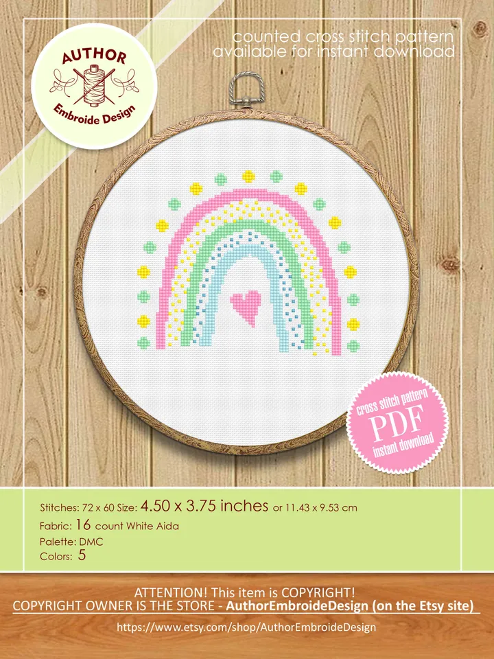 Small pastel rainbow cross stitch pattern PDF download Simple rainbow pattern digital PDF, Easy rainbow embroidery beginner Baby pattern #O4