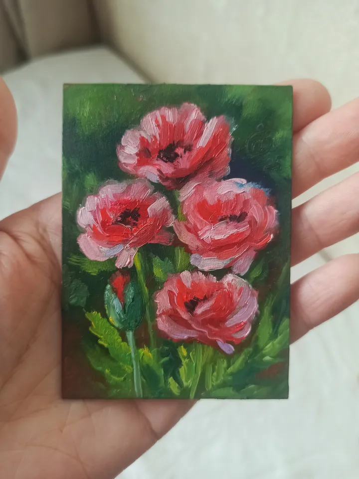 Original oil painting ACEO, Red-pink poppies, Red flowers, Blooming garden, Collection card 2,5x3,5 in