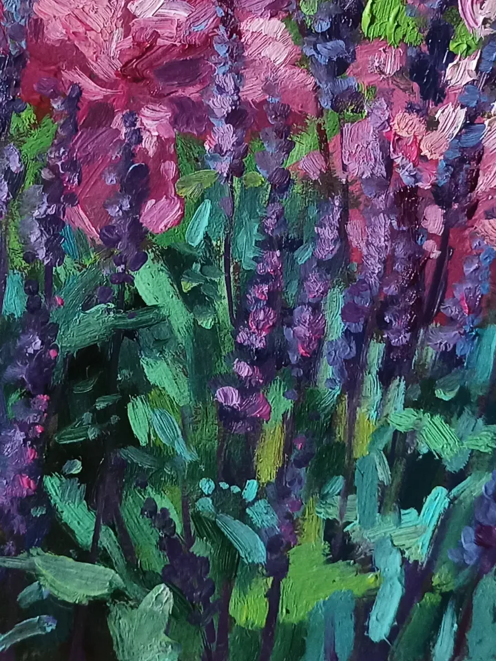 Sage and Peonies, Garden flowers, Original oil painting on art cardboard 18x24cm
