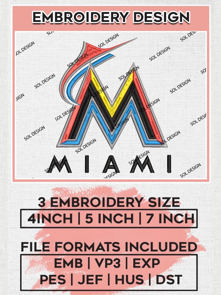 MLB Miami Marlins Logo Embroidery Design Files, MLB Miami Marlins Team Embroidery, MLB Teams, 3 sizes, MLB Machine embroidery designs, Digital Download