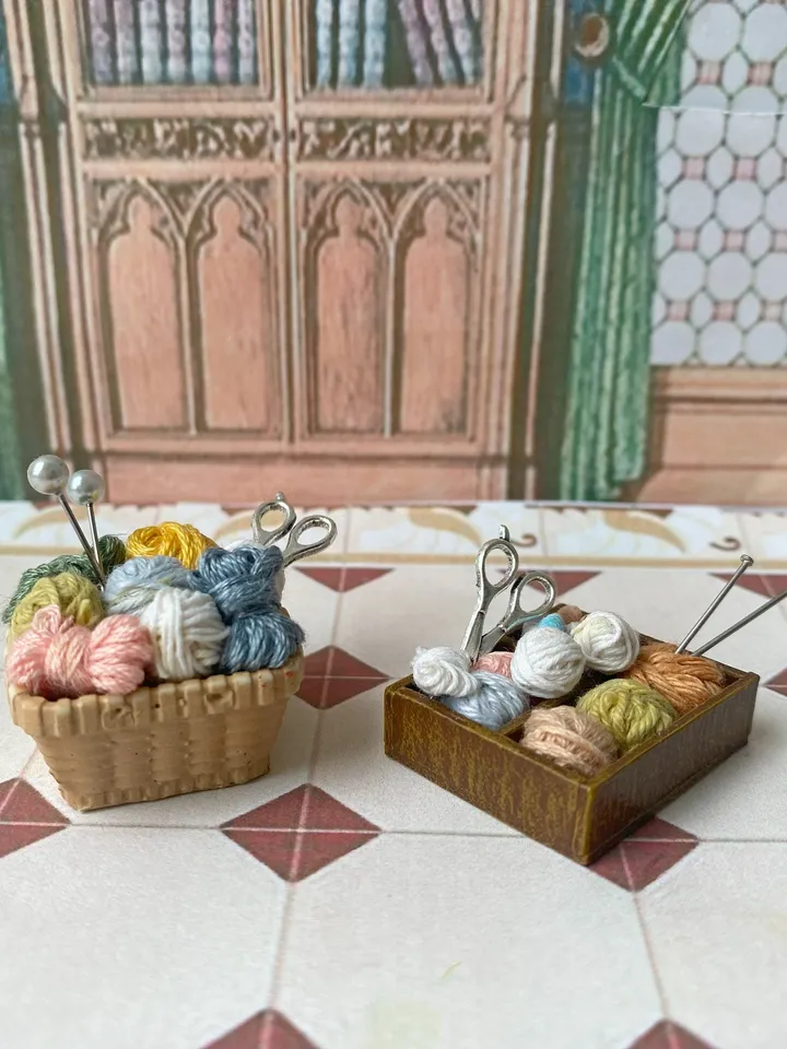 Threads in baskets for a dollhouse. 1:12. Sets of threads for dolls.