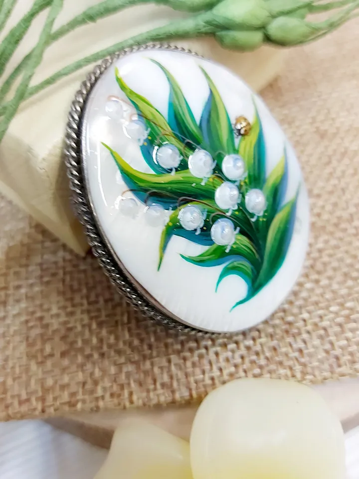 Brooches for women: Lily of the valley and Ladybug on Handmade jewelry brooch, hand painted shell brooch with May flower and lady beetle