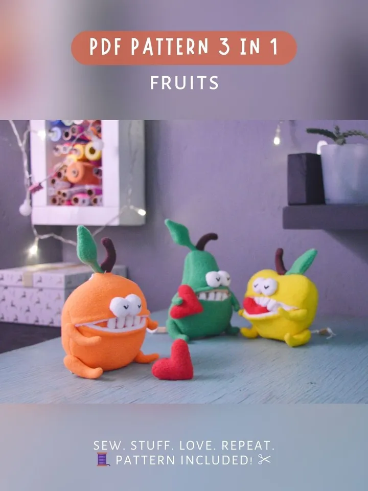 PDF Plush Toy Pattern Set – Moveable Limbs & Secret Pocket Fruits