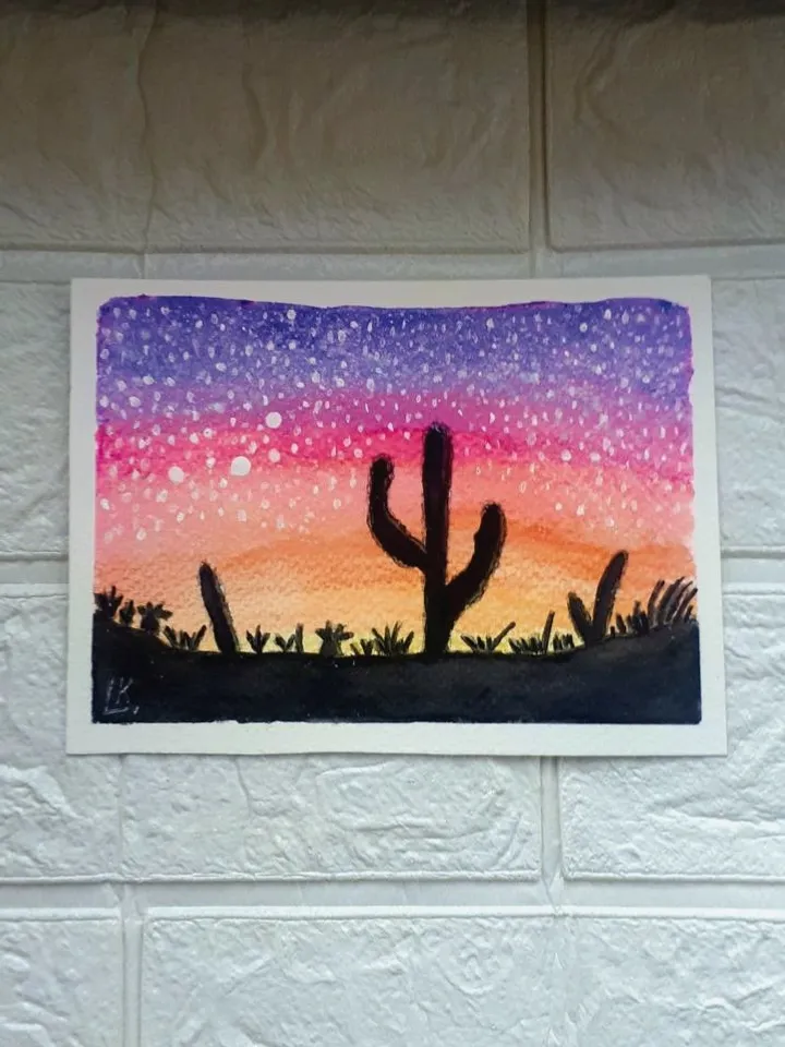 Cacti Night, Desert Scenery Watercolor Painting, Original Artwork on Watercolor Paper