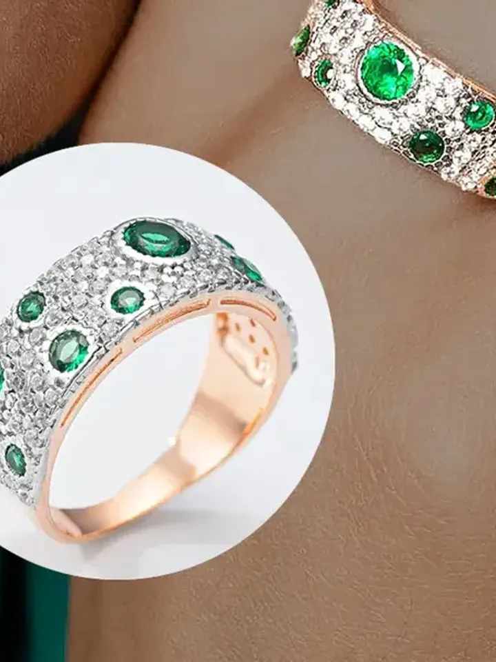 Women's ring 925 silver, gold plated with cubic zirconia and emerald