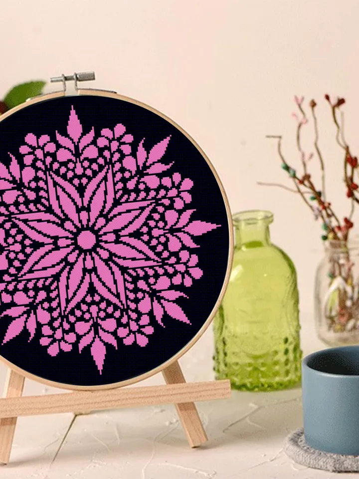 Flower mandala cross stitch pattern download PDF Simple mandala embroidery PDF Monochrome cross stitch chart Modern quick cross stitch #M100