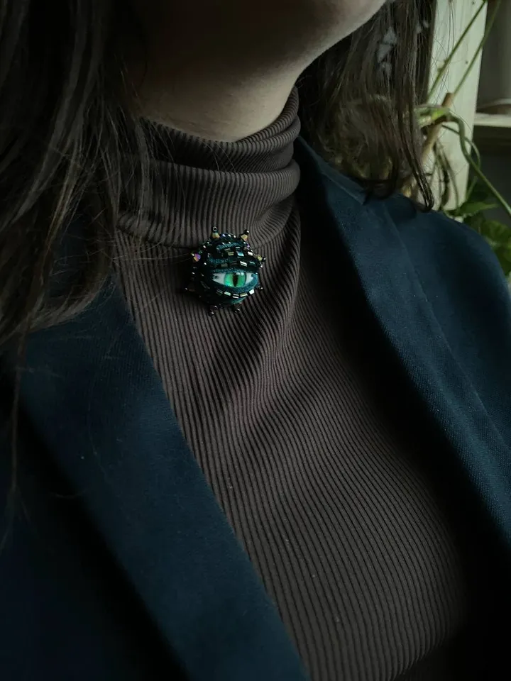Medieval style brooch Green eye dragon brooch, Green eye brooch