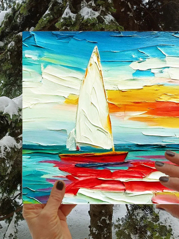 Laguna Beach Painting Impasto Seascape Original Art Sailboats California Small Painting Impressionist Artwork Gifts by ArtProkopaloSv