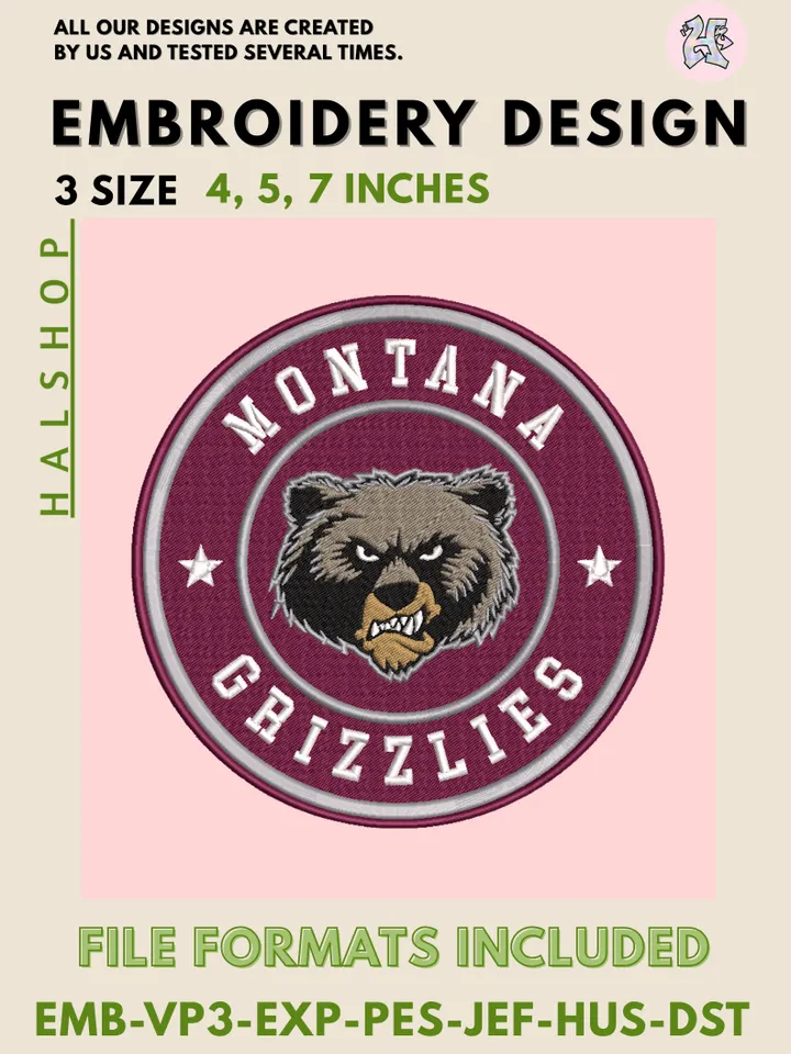 NCAA Montana Grizzlies Round Logo Embroidery, NCAA Montana Grizzlies Logo Embroidery Files, NCAA Teams, Machine Embroidery Designs, Digital Download