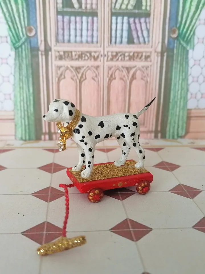 Dolmatian on a cart. Doll toy. dollhouse miniature.1:12 scale.