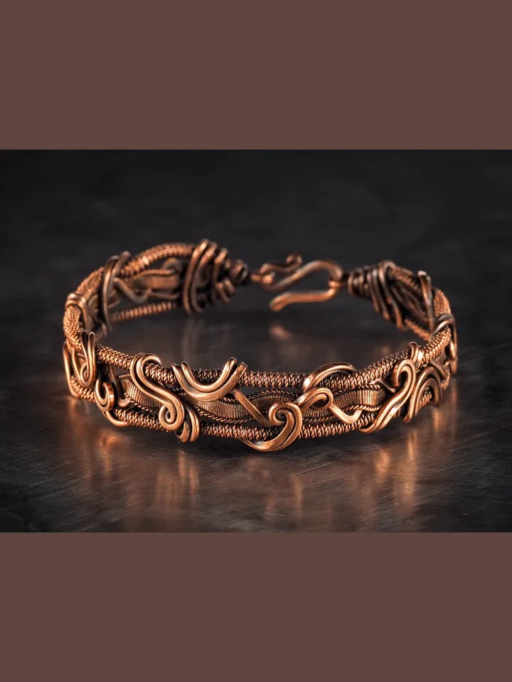 Wire wrapped bracelet, Unique 7th 22nd Anniversary gift idea, Art Nouveau antique style, One of kind braided statement bangle, Handmade oxidized pure copper jewelry, Pain relief, EMF protection