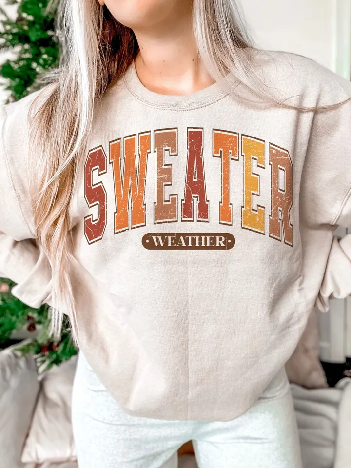 Sweater Weather SVG PNG, Distressed & Solid, Retro Fall Svg, Autumn, Vintage College Varisty Text, Shirt Sublimation Png, Cricut Cut File