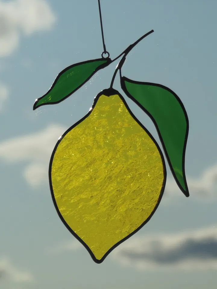 Lemon stained glass window hanging Suncatcher (texture RR) Fruit Kitchen Decor