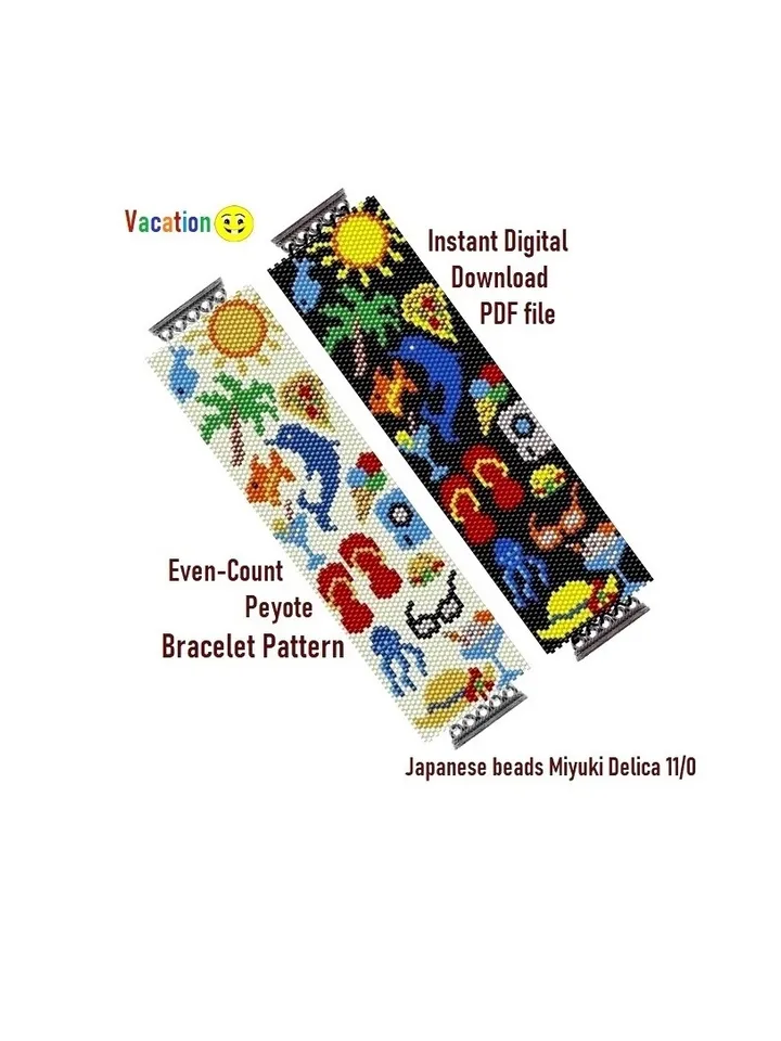 Flat Even Count Peyote Stitch Beading Patterns Cuff Bracelets, Miyuki Delica or Czech beads Preciosa, Instant Download