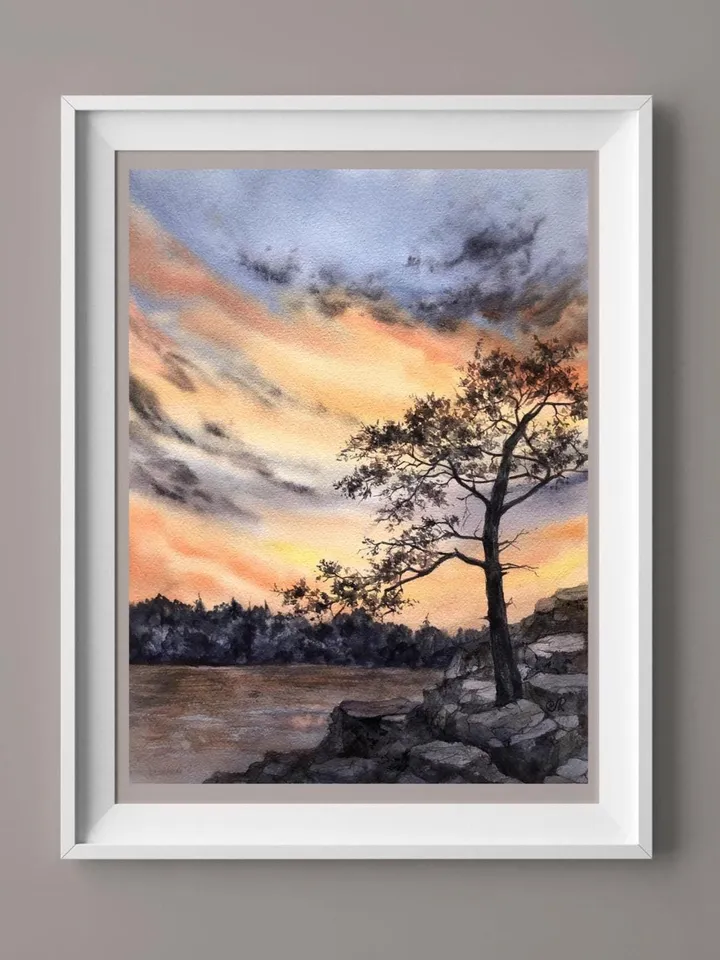 Sunset Original Painting Forest Watercolor Painting Trees Landscape Wall Art