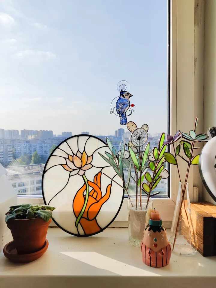 Stained glass window panel, Panel with lotus, Suncatcher, Home décor