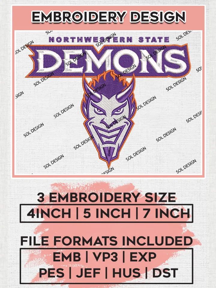 Northwestern State Demons College Football Team Logo Embroidery Design Files, NCAA Northwestern State Demons Machine Embroidery, NCAA Teams, Game Day, 3 sizes, NCAA Machine embroidery designs, Digital Download