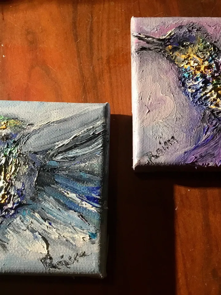 Hummingbirds couple diptych,set of 2 hummingbirds painting,small canvas paintings gifts, wedding gifts wall decor,exotic birds oil painting,