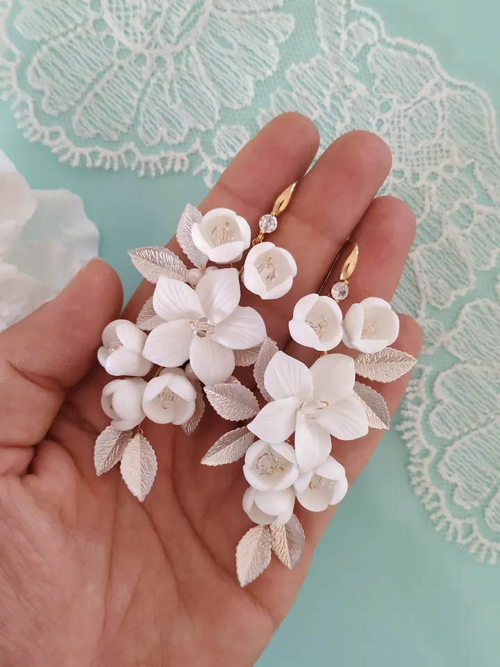 Silver, Gold, Rose Gold Boho Wedding Earrings, Porcelain Flower Bridal Earrings, Statement Wedding Earrings | Jewelry, Boho Bridal Earrings