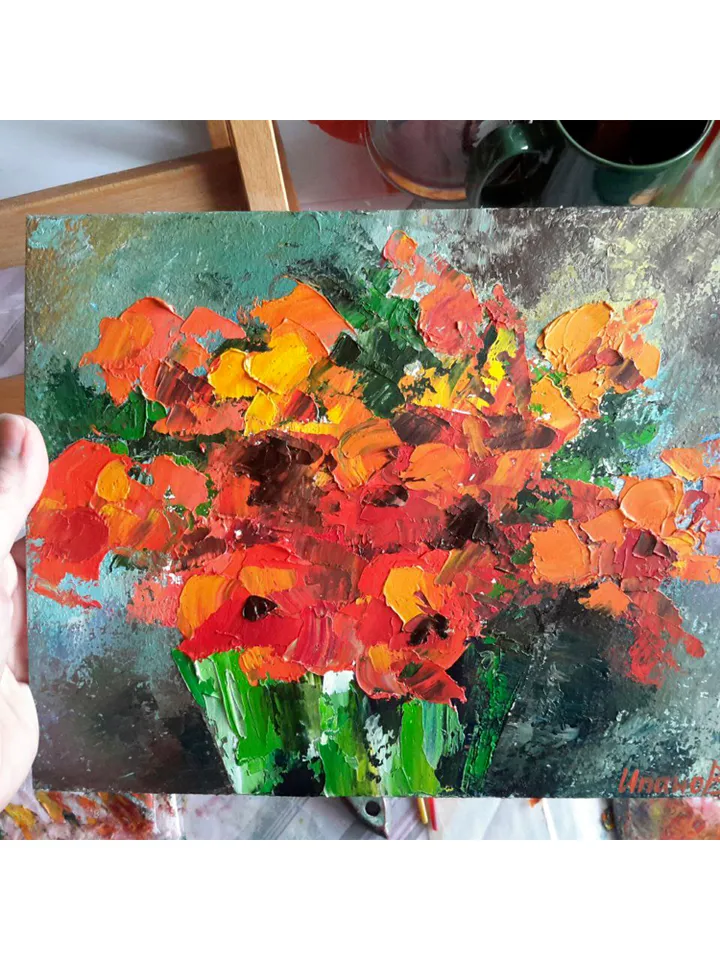 Abstract Poppies In A Vase Impasto Original Oil Painting Flowers Artwork