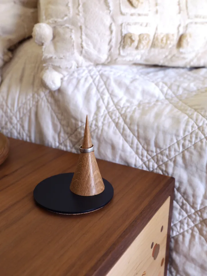 Modern Ring Stand - Turned wooden ring cone, powder coated steel dish with cork bottom