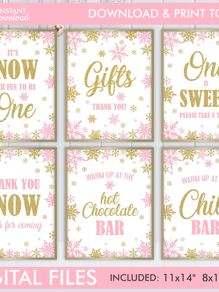 Winter Onederland Signs, Winter Onederland Birthday Girl Decorations, Pink Gold Snowflakes First Birthday Decorations Instant Download