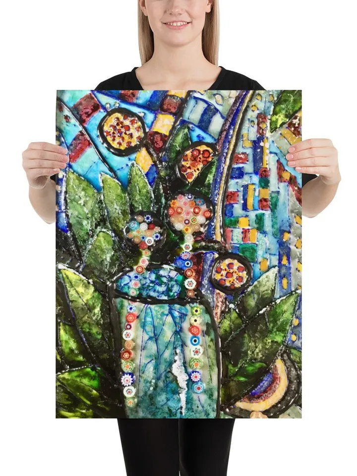 Poster from my original painting on glass,colourful flowers in a vase,unique design home decoration wall art.