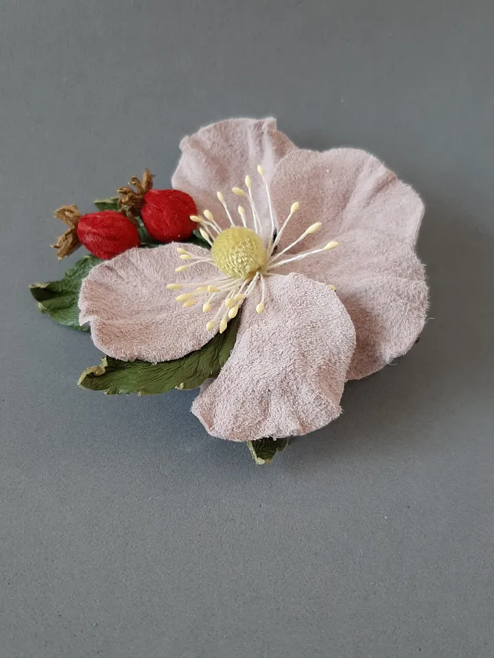 Leather brooch Rose hip for her , 3rd anniversary gift for wife, Leather women's jewelry