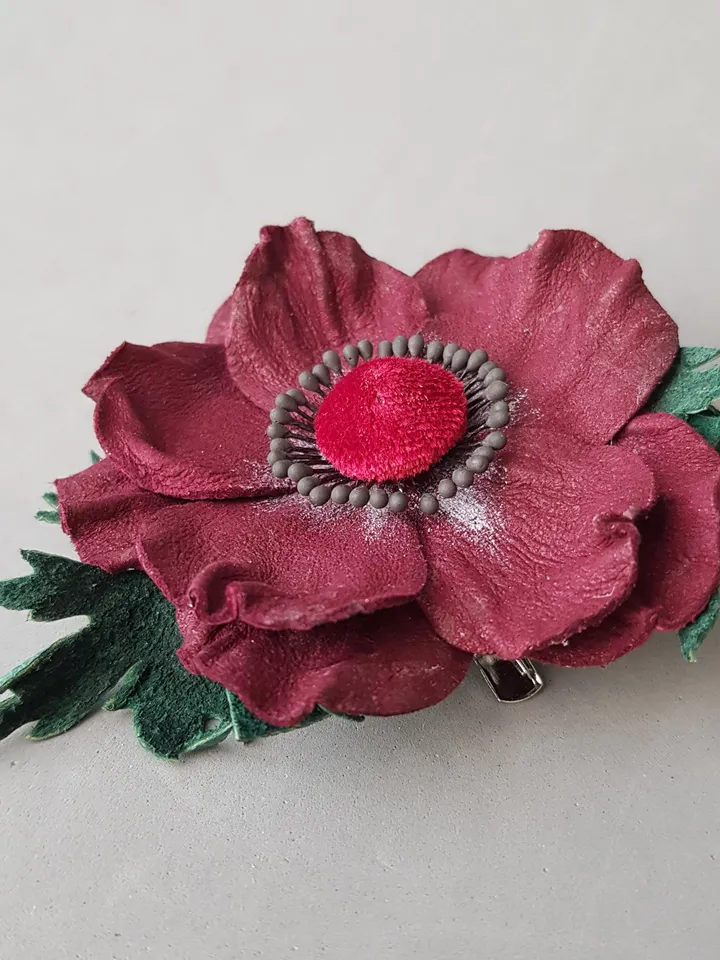Bordo color leather brooch for her, Leather women's jewelry, art. 14