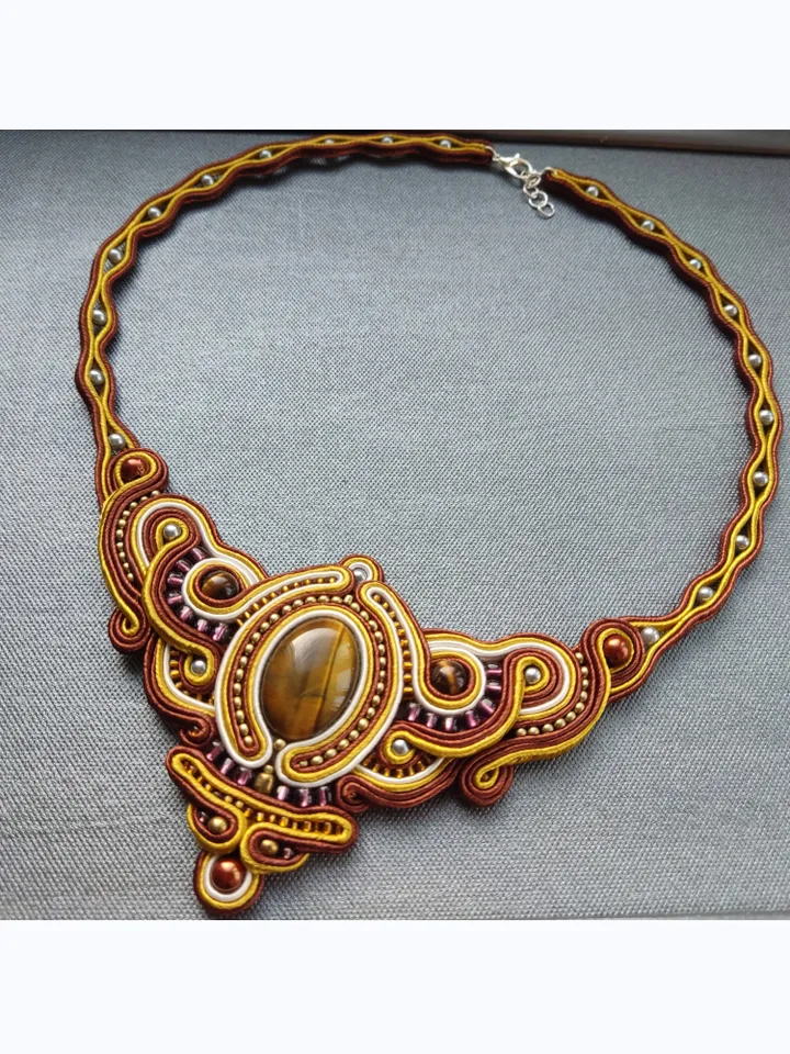Tiger's eye necklace, Gold and brown statement necklace, Soutache necklace