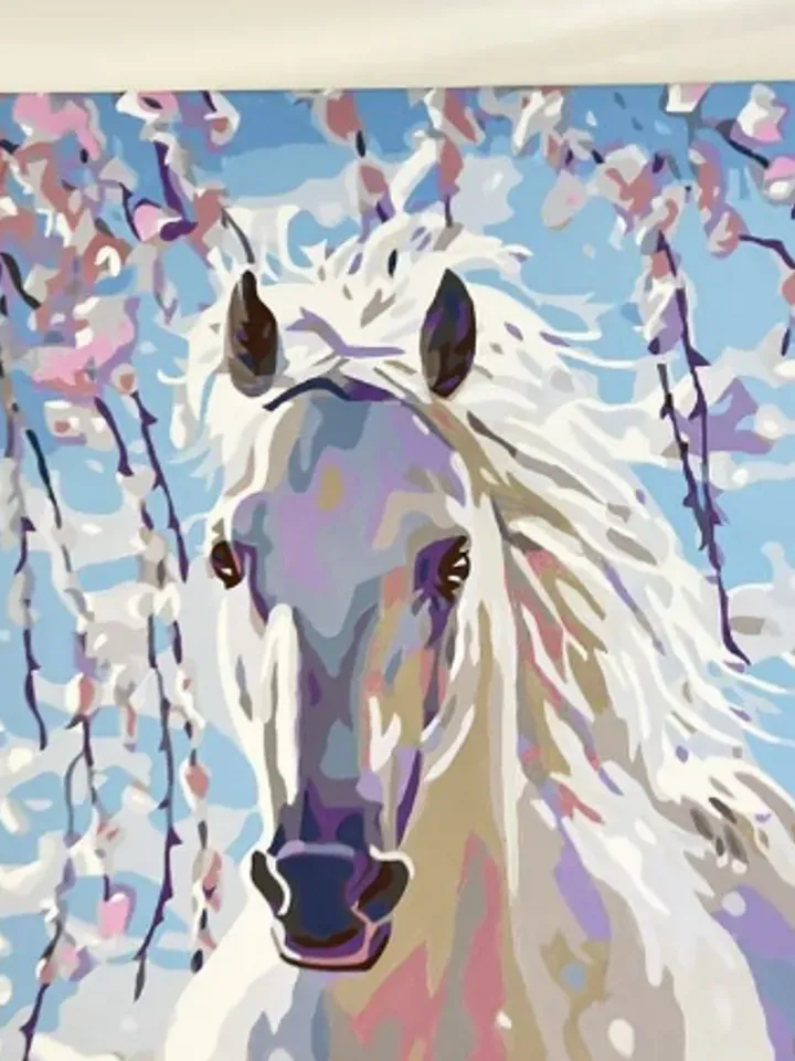 Painting on canvas "Horse and sakura", acrylic, size 50 x 40 cm