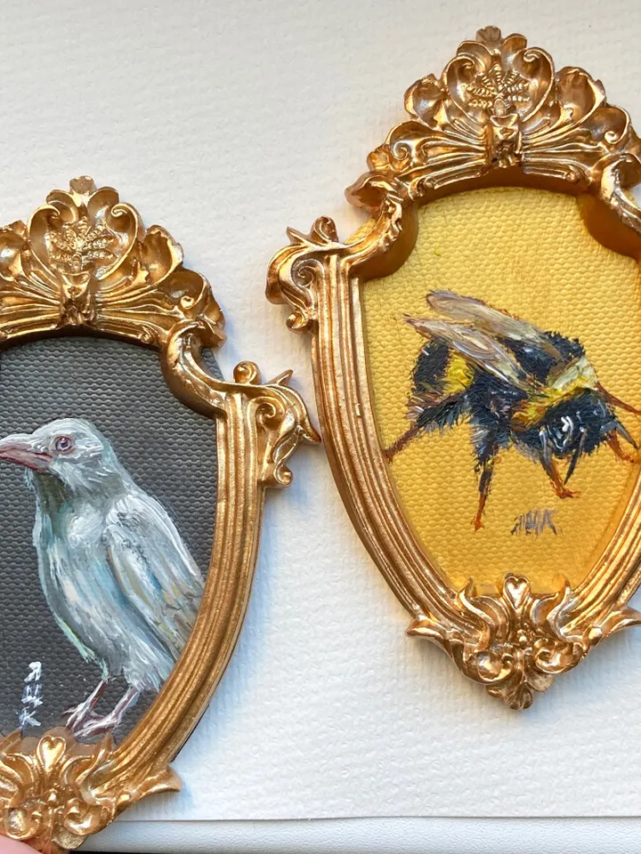 Framed Albino Raven Painting Small Original Witch’s Friend Artwork Crow Art Tiny Oil Painting Bird