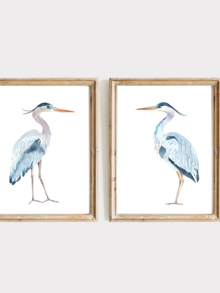 Blue Heron Set Of 2 Watercolor Painting, Bird Lover Gift, Beach House Art, Home Decor Gift, Bathroom Wall Decor, Great Heron Painting Print
