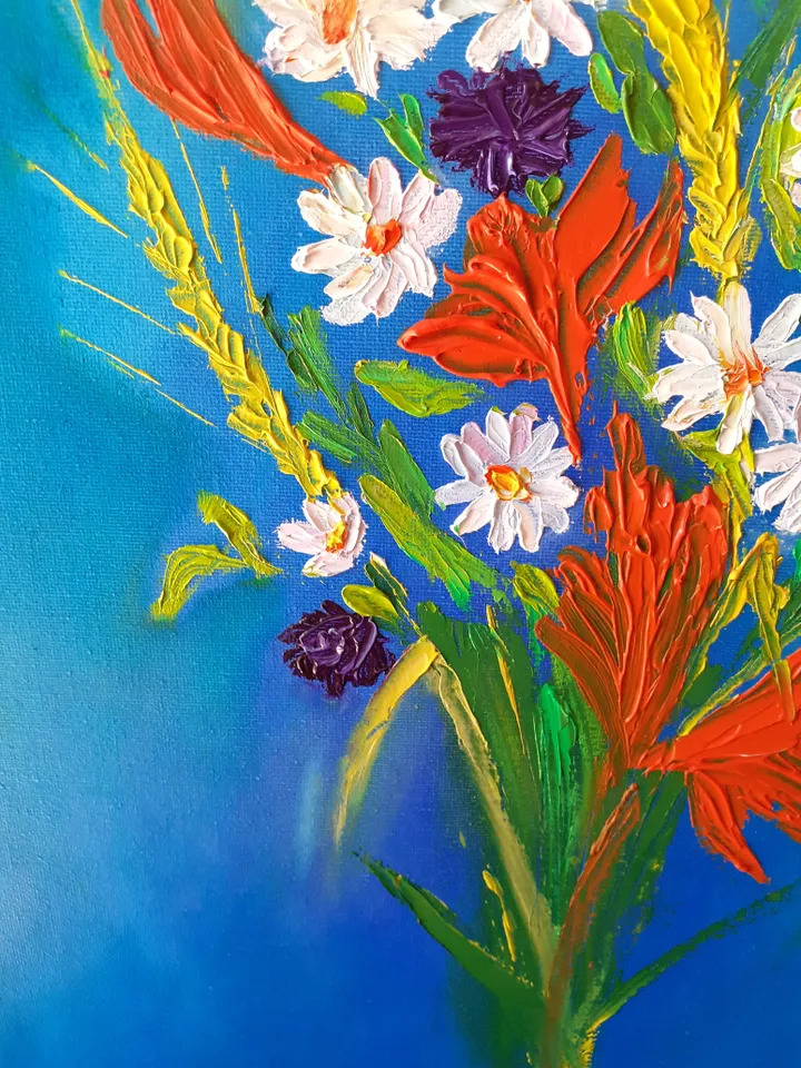 Oil Painting Bouquet of Wildflowers Flowers Nature Stretched Canvas 20x16 inches 50x40 cm Wall Decor