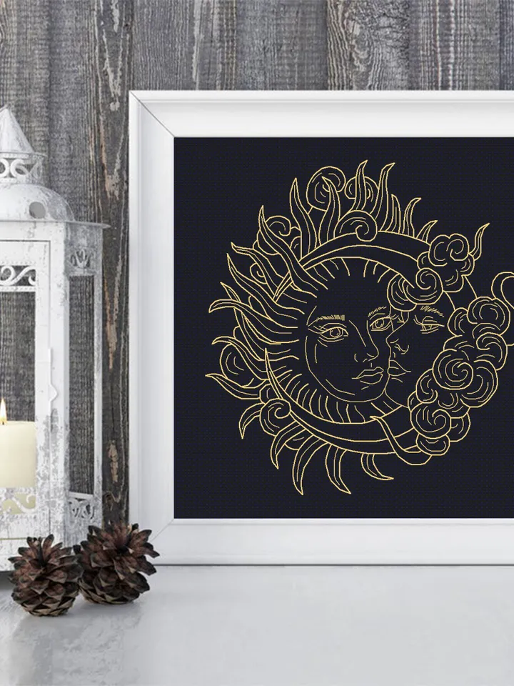 Sun and moon blackwork pattern PDF Moon magic blackwork embroidery download PDF, Mystical embroidery Backstitch chart, Moon cross stitch #W9